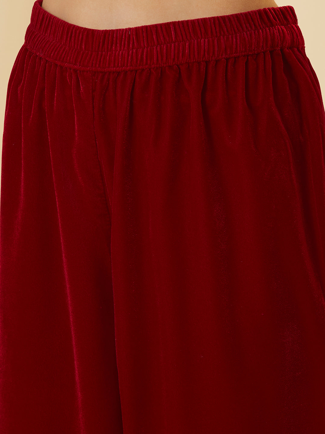 Solid Floral Zari Embroidered Straight Velvet Kurta with Pant & Dupatta - Red