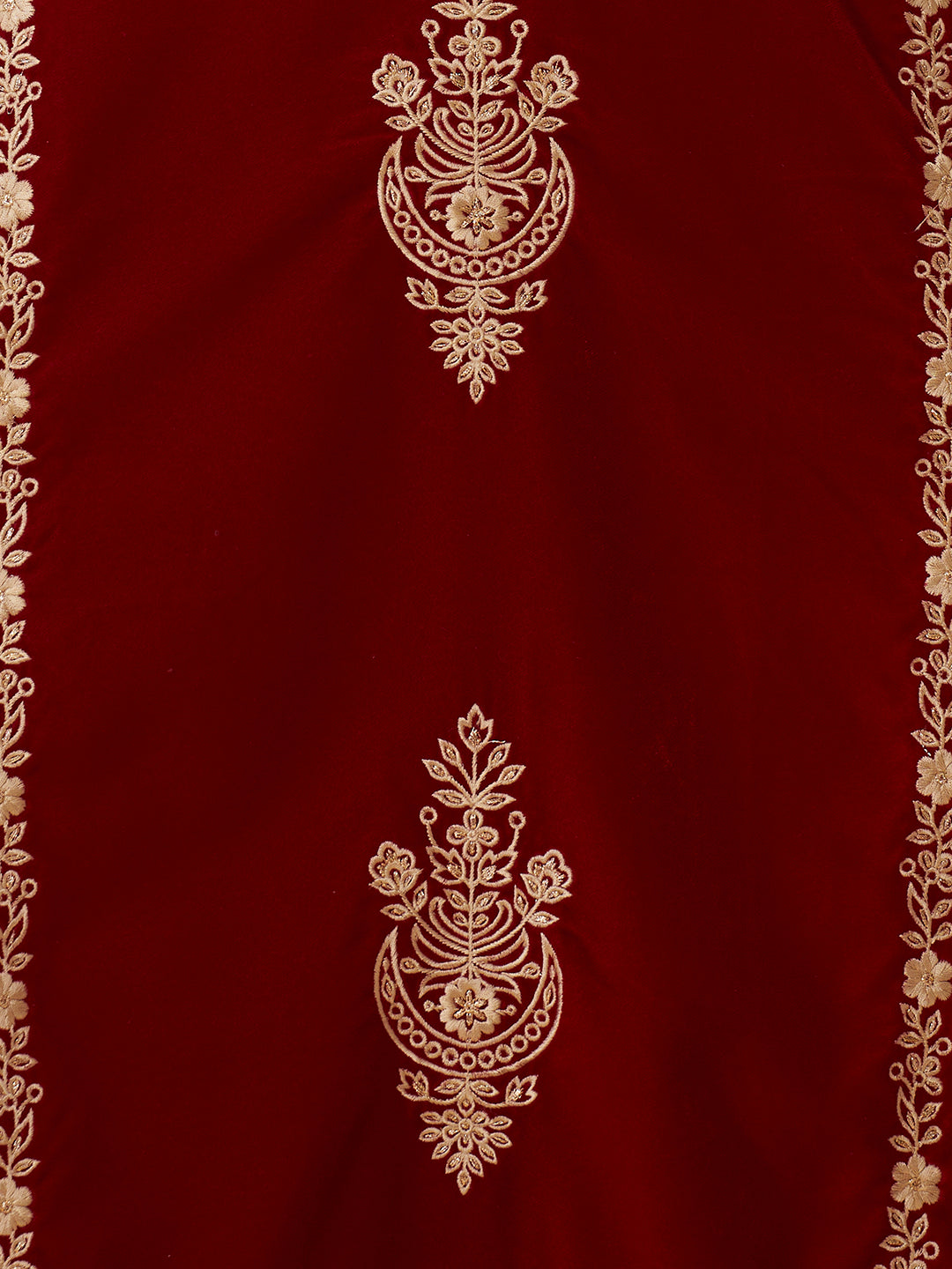 Solid Floral Zari Embroidered Straight Velvet Kurta with Pant & Dupatta - Red