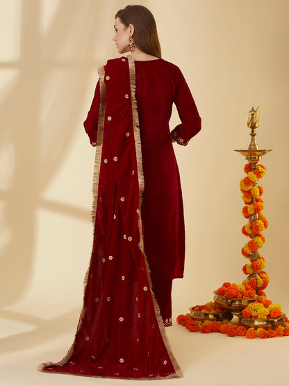 Solid Floral Zari Embroidered Straight Velvet Kurta with Pant & Dupatta - Red