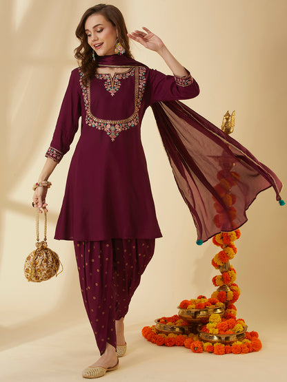 Solid Floral Embroidered Straight Kurta with Dhoti Pant & Dupatta - Burgundy