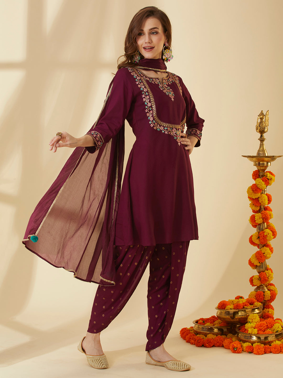 Solid Floral Embroidered Straight Kurta with Dhoti Pant & Dupatta - Burgundy