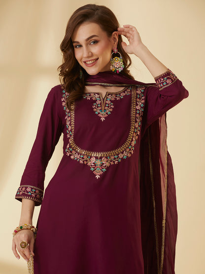 Solid Floral Embroidered Straight Kurta with Dhoti Pant & Dupatta - Burgundy