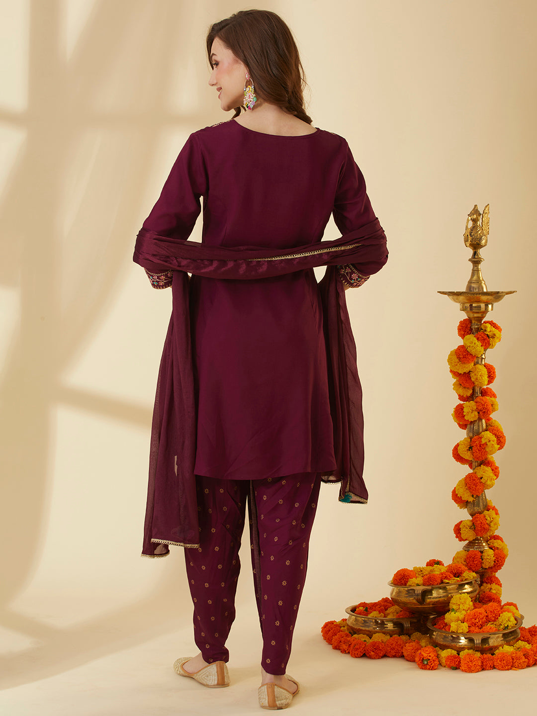 Solid Floral Embroidered Straight Kurta with Dhoti Pant & Dupatta - Burgundy