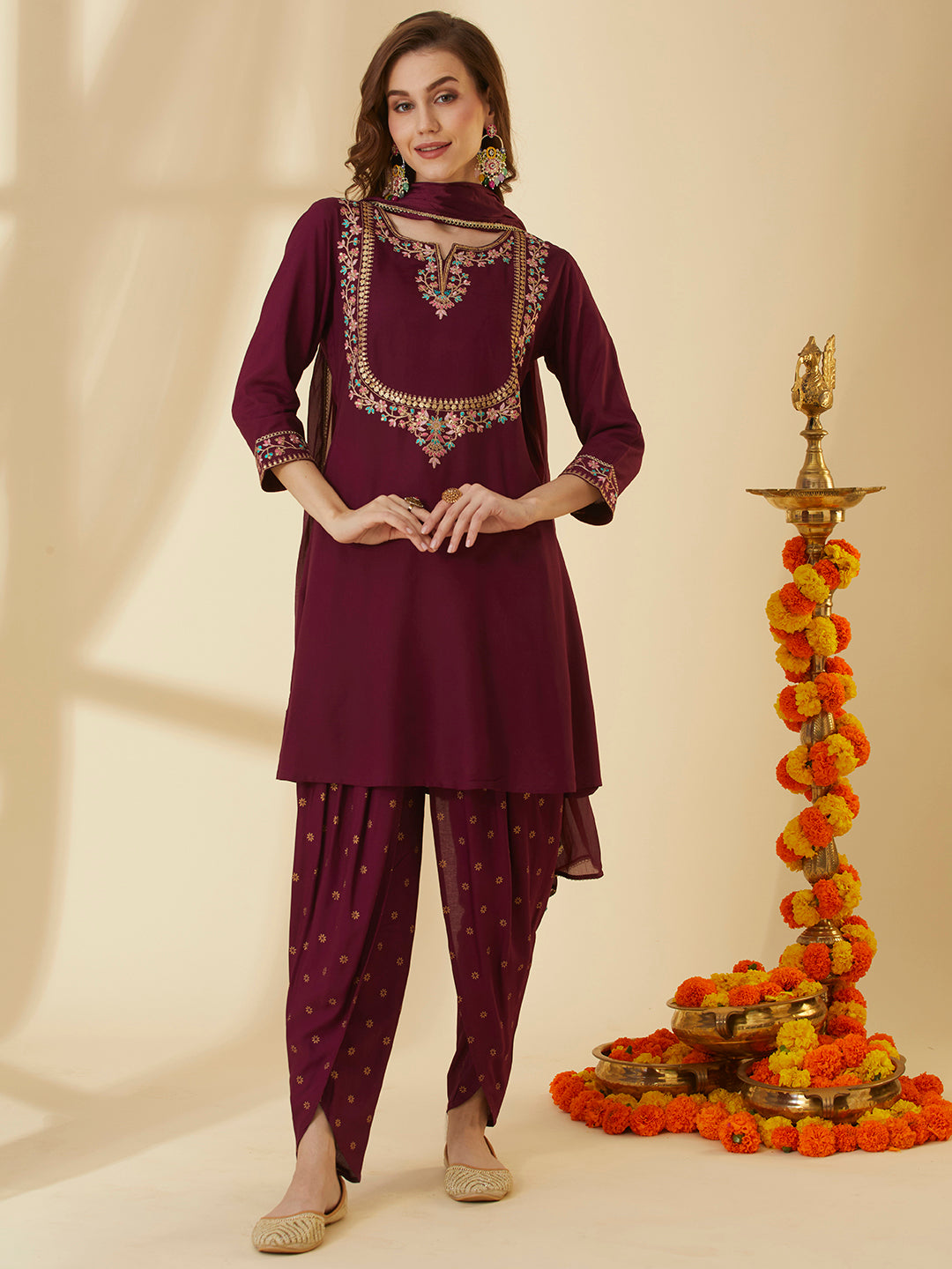 Solid Floral Embroidered Straight Kurta with Dhoti Pant & Dupatta - Burgundy