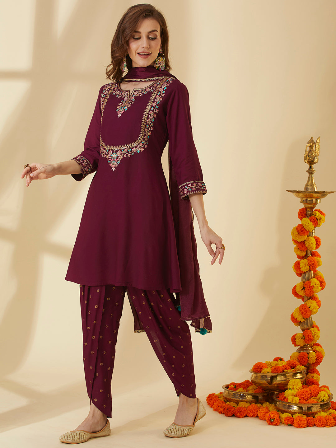 Solid Floral Embroidered Straight Kurta with Dhoti Pant & Dupatta - Burgundy