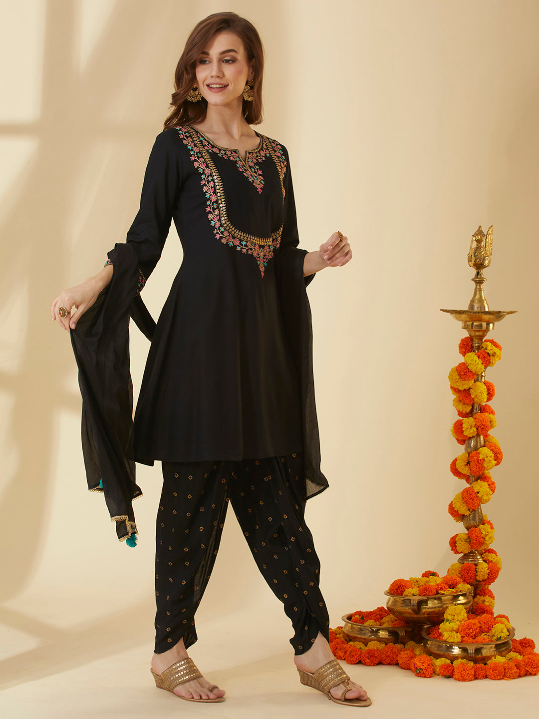 Solid Floral Embroidered Straight Kurta with Dhoti Pant & Dupatta - Black