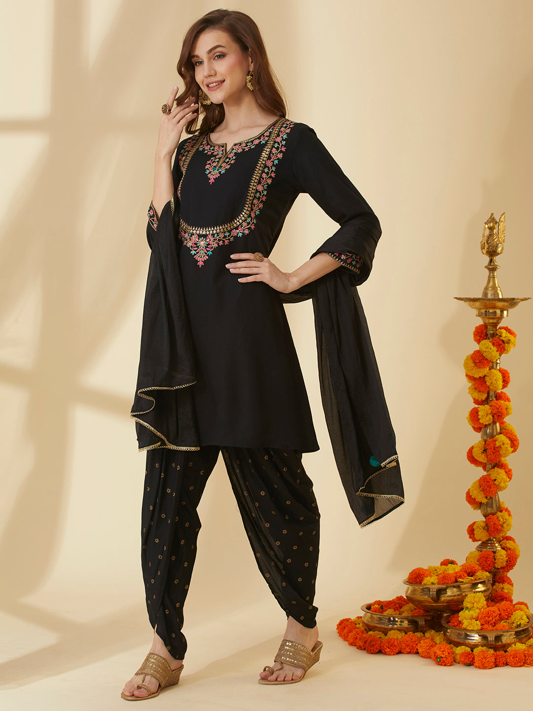 Solid Floral Embroidered Straight Kurta with Dhoti Pant & Dupatta - Black