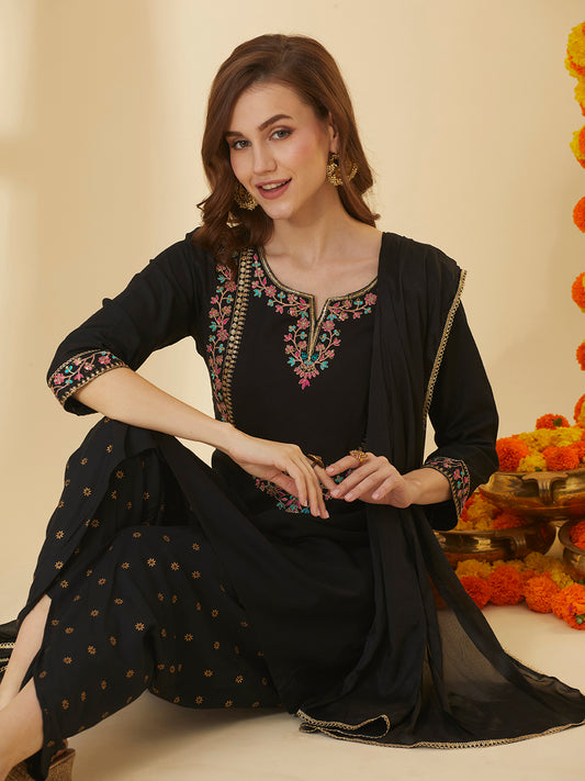 Solid Floral Embroidered Straight Kurta with Dhoti Pant & Dupatta - Black