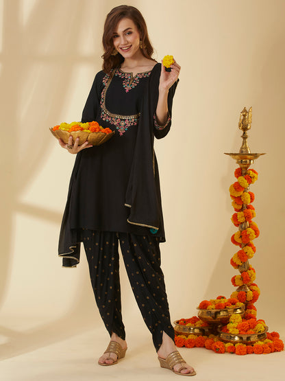 Solid Floral Embroidered Straight Kurta with Dhoti Pant & Dupatta - Black