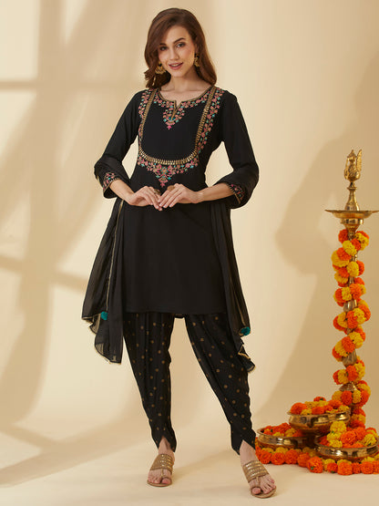 Solid Floral Embroidered Straight Kurta with Dhoti Pant & Dupatta - Black