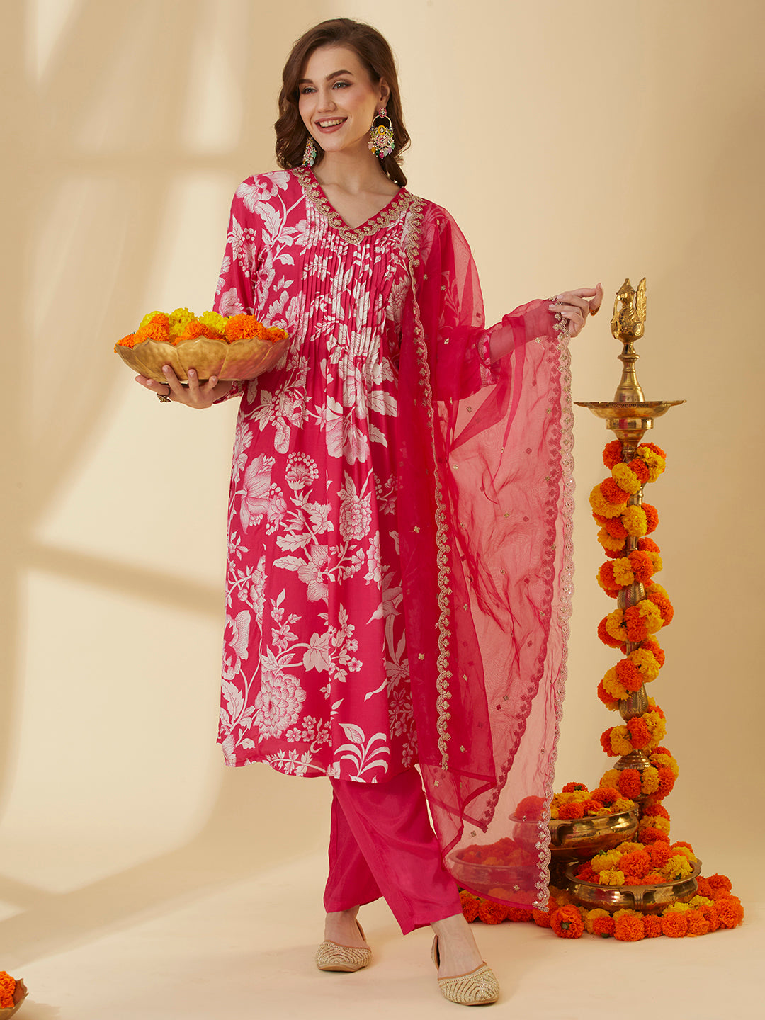 Abstract Floral Printed A-Line Pin Tucked Kurta with Pant & Dupatta - Pink