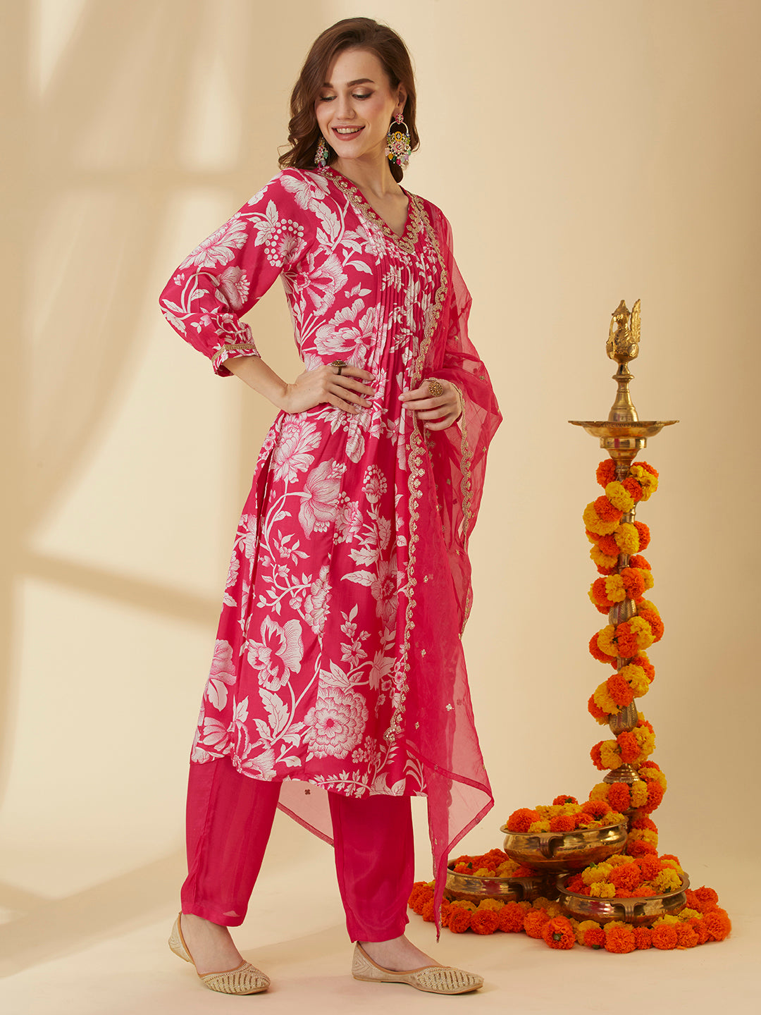 Abstract Floral Printed A-Line Pin Tucked Kurta with Pant & Dupatta - Pink