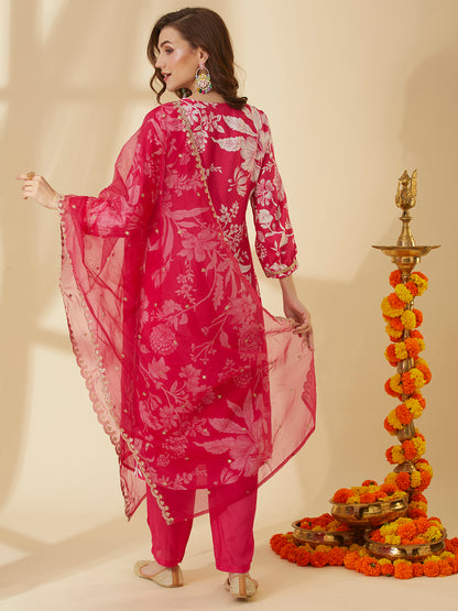 Abstract Floral Printed A-Line Pin Tucked Kurta with Pant & Dupatta - Pink