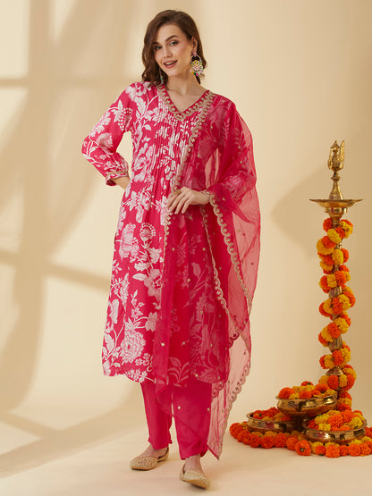 Abstract Floral Printed A-Line Pin Tucked Kurta with Pant & Dupatta - Pink