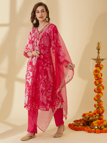 Abstract Floral Printed A-Line Pin Tucked Kurta with Pant & Dupatta - Pink