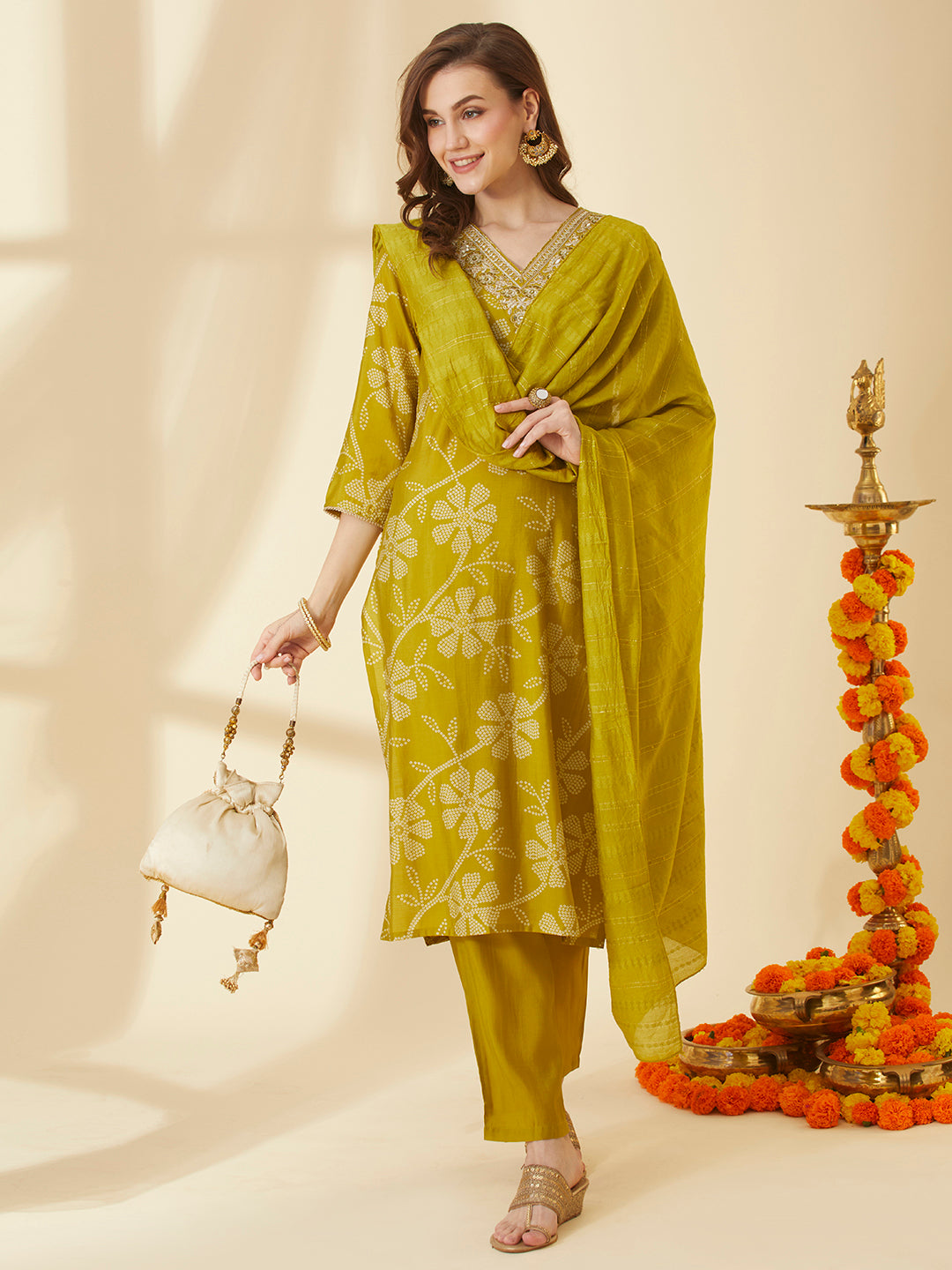 Floral Printed & Embroidered Straight Fit Kurta with Pant & Dupatta - Lime Green