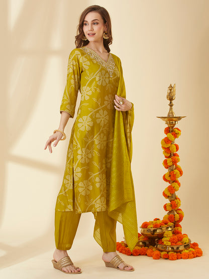 Floral Printed & Embroidered Straight Fit Kurta with Pant & Dupatta - Lime Green