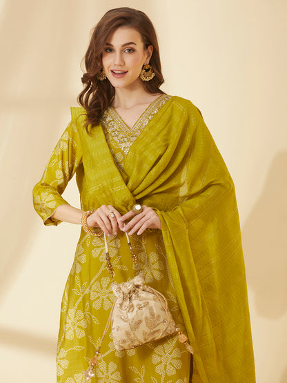 Floral Printed & Embroidered Straight Fit Kurta with Pant & Dupatta - Lime Green