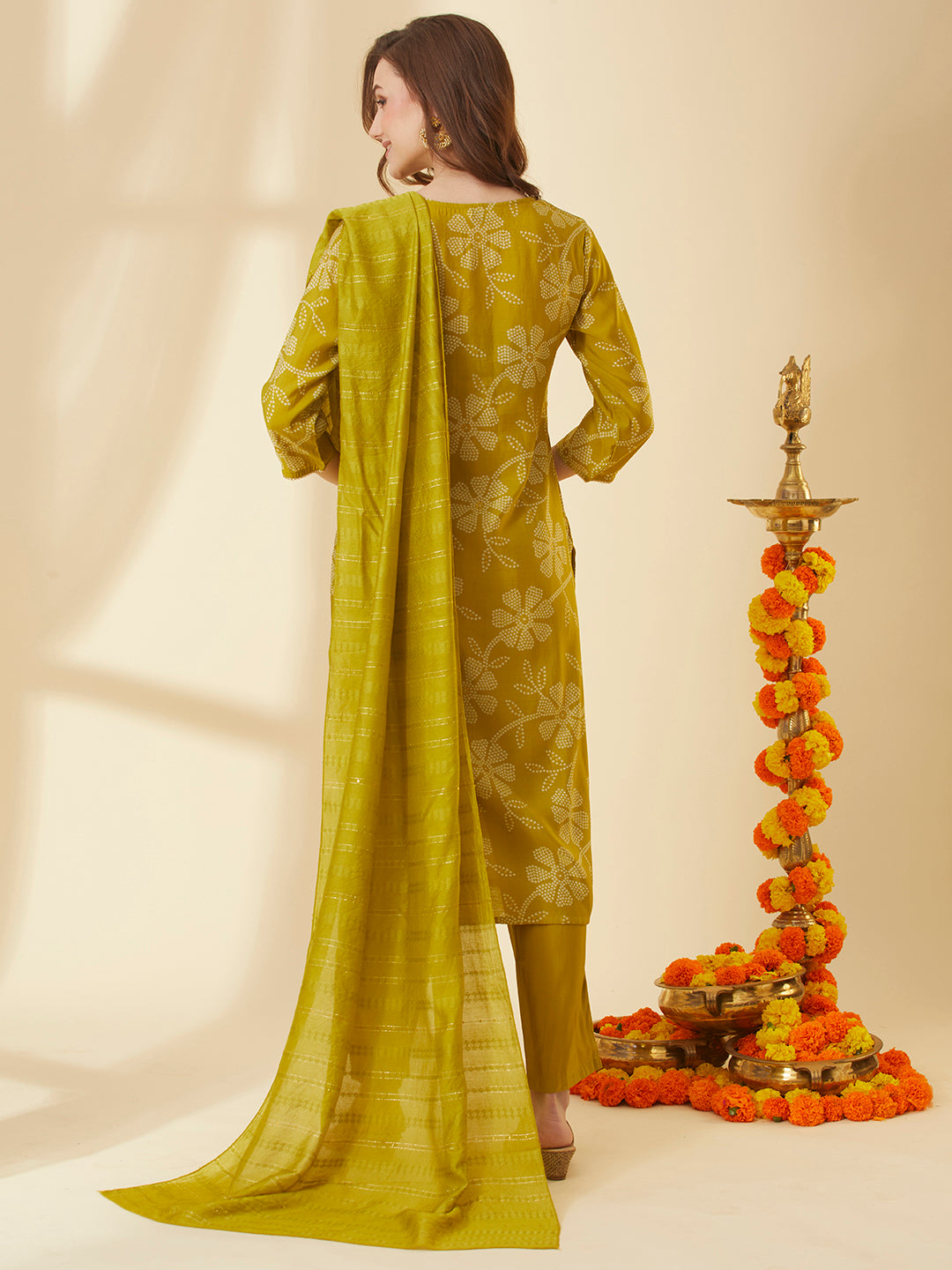 Floral Printed & Embroidered Straight Fit Kurta with Pant & Dupatta - Lime Green