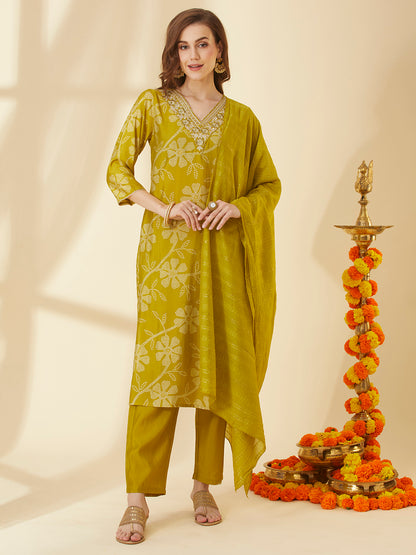 Floral Printed & Embroidered Straight Fit Kurta with Pant & Dupatta - Lime Green