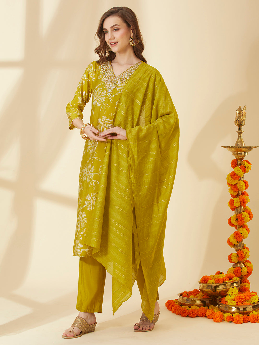 Floral Printed & Embroidered Straight Fit Kurta with Pant & Dupatta - Lime Green