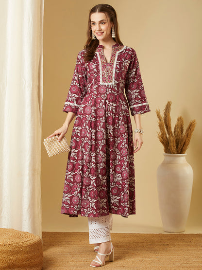 Ethnic Floral Printed & Embroidered Anarkali Flared Maxi Dress - Burgundy