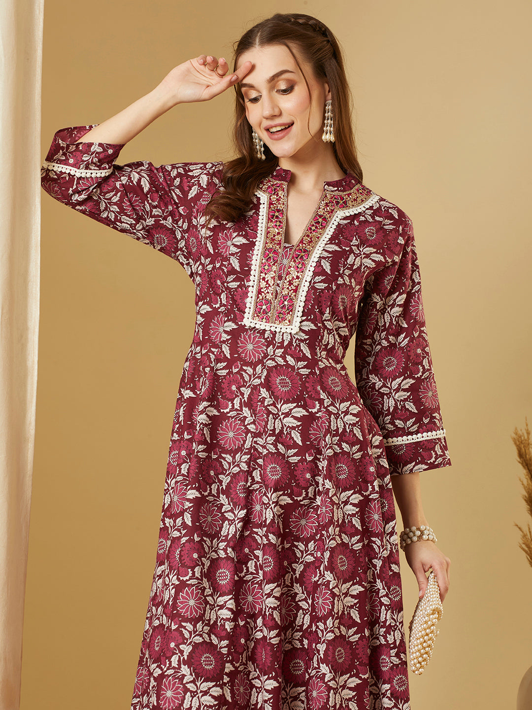 Ethnic Floral Printed & Embroidered Anarkali Flared Maxi Dress - Burgundy