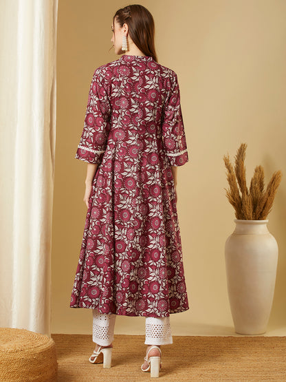 Ethnic Floral Printed & Embroidered Anarkali Flared Maxi Dress - Burgundy