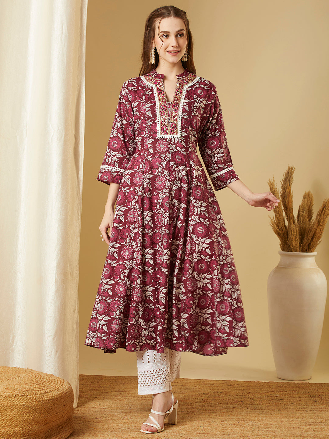 Ethnic Floral Printed & Embroidered Anarkali Flared Maxi Dress - Burgundy