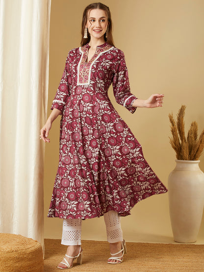 Ethnic Floral Printed & Embroidered Anarkali Flared Maxi Dress - Burgundy