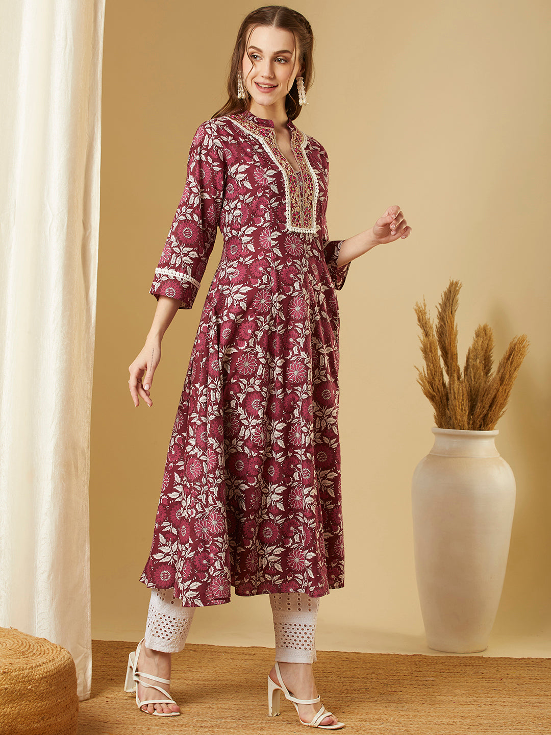 Ethnic Floral Printed & Embroidered Anarkali Flared Maxi Dress - Burgundy