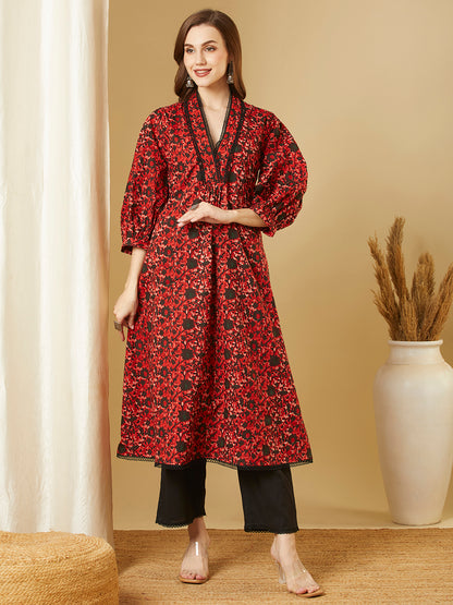 Ethnic Floral Printed A-Line Flared Maxi Dress - Red