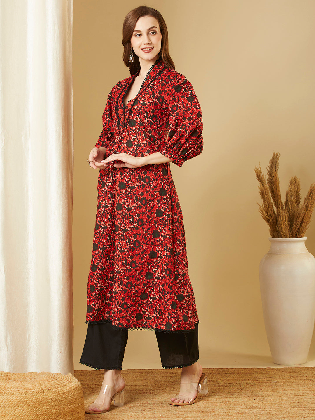 Ethnic Floral Printed A-Line Flared Maxi Dress - Red