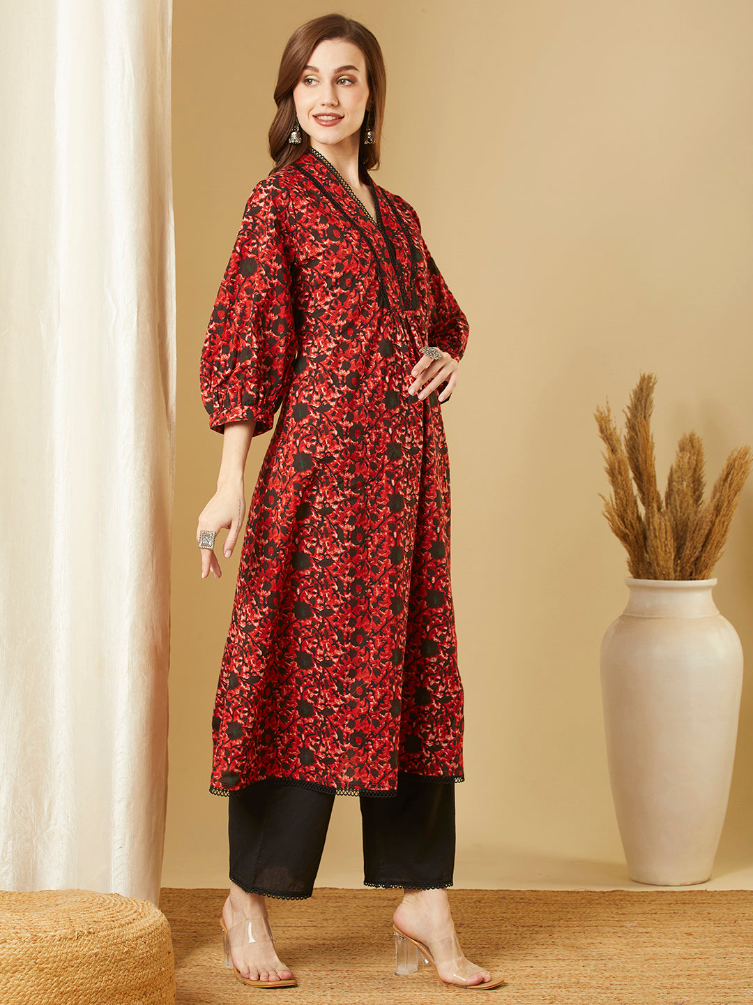 Ethnic Floral Printed A-Line Flared Maxi Dress - Red