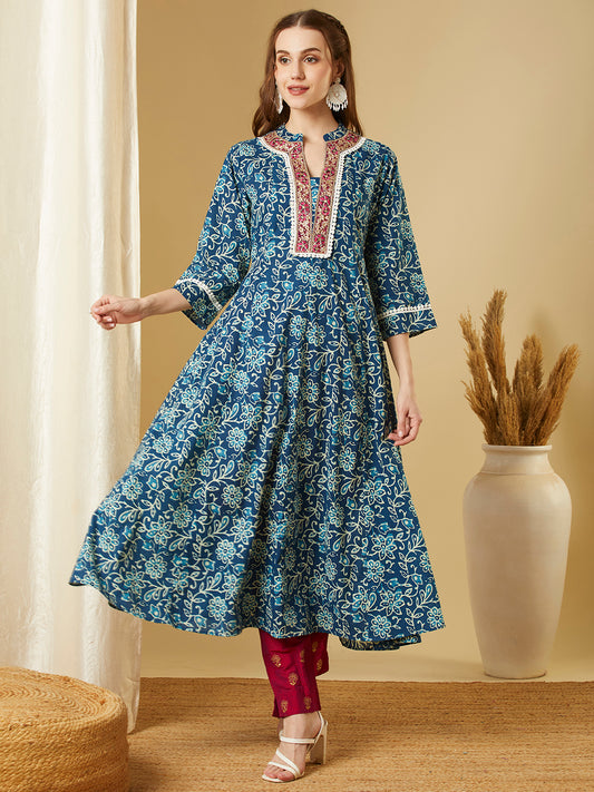 Ethnic Floral Printed & Embroidered Anarkali Flared Maxi Dress - Blue