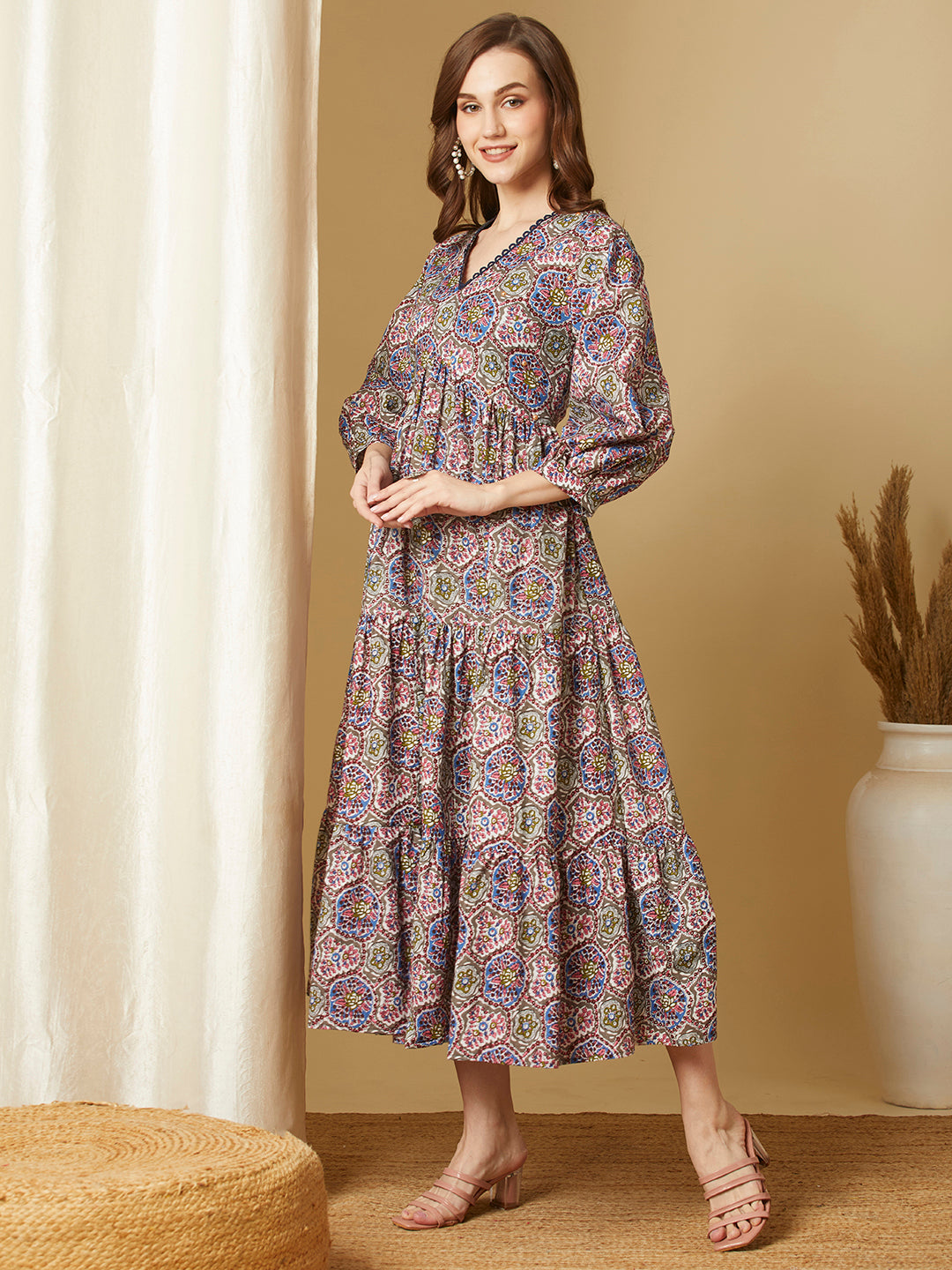 Ethnic Floral Printed A-Line Flared Tiered Maxi Dress - Multi