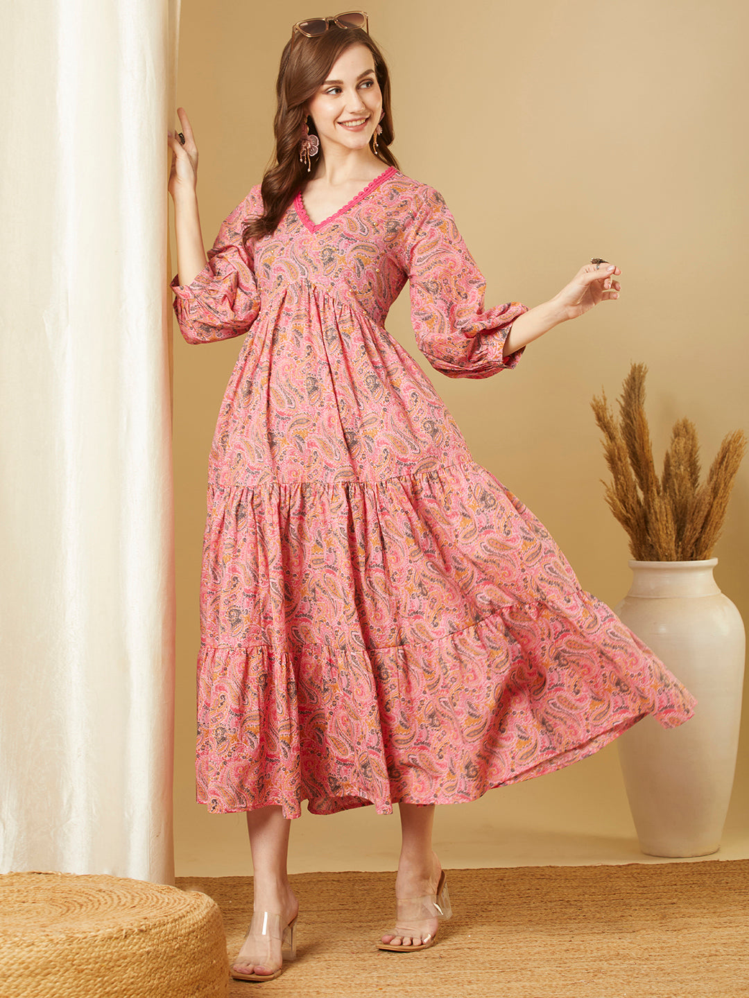 Ethnic Floral Printed A-Line Flared Tiered Maxi Dress - Pink