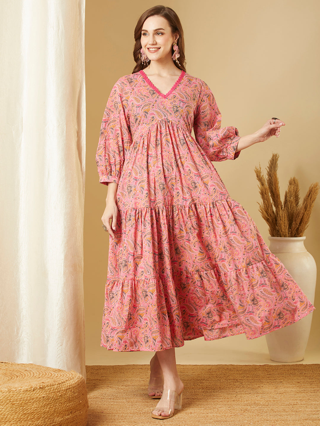 Ethnic Floral Printed A-Line Flared Tiered Maxi Dress - Pink