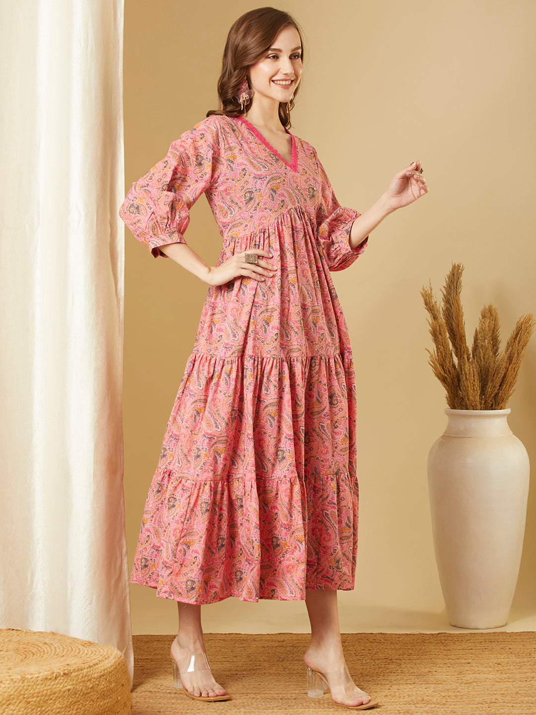 Ethnic Floral Printed A-Line Flared Tiered Maxi Dress - Pink