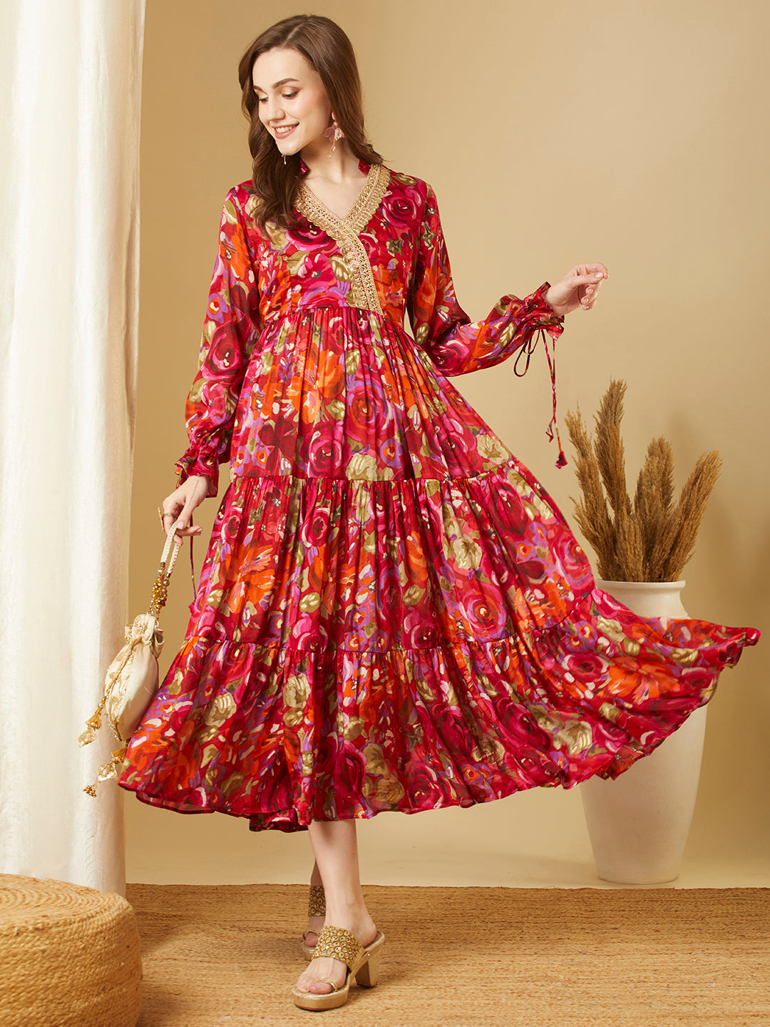 Abstract Floral Printed A-Line Pleated Maxi Dress - Red