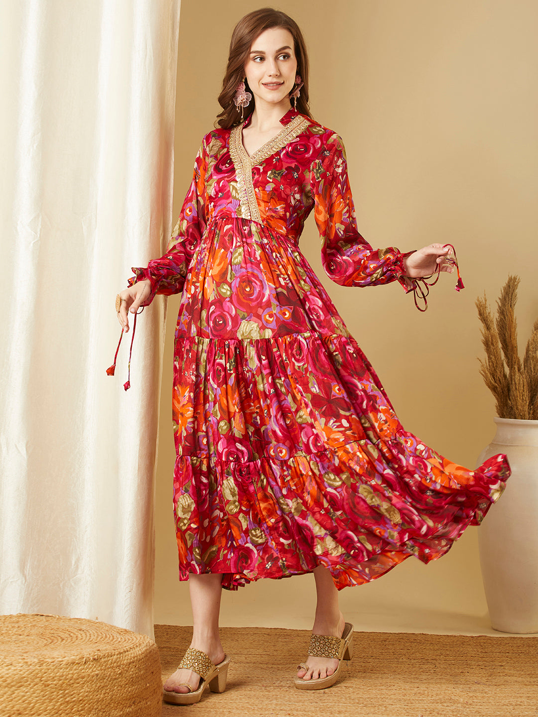 Abstract Floral Printed A-Line Pleated Maxi Dress - Red