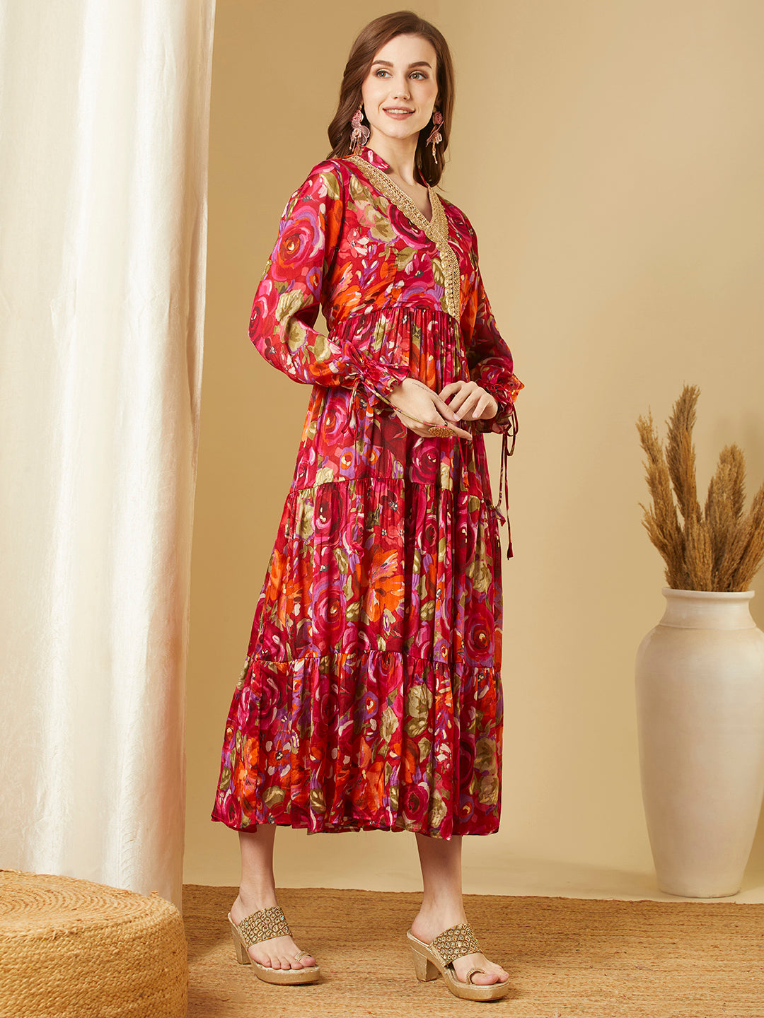 Abstract Floral Printed A-Line Pleated Maxi Dress - Red