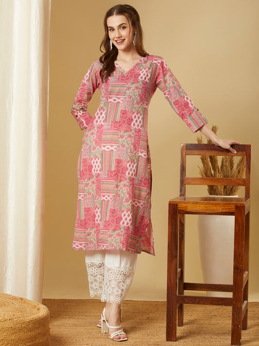 Ethnic Printed Straight Fit Kurta - Pink