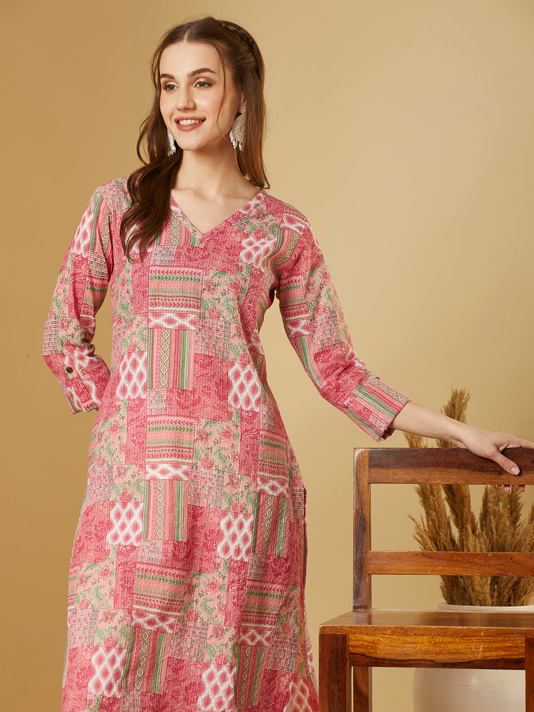 Ethnic Printed Straight Fit Kurta - Pink