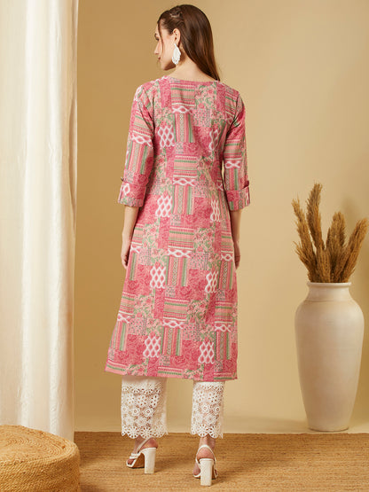 Ethnic Printed Straight Fit Kurta - Pink