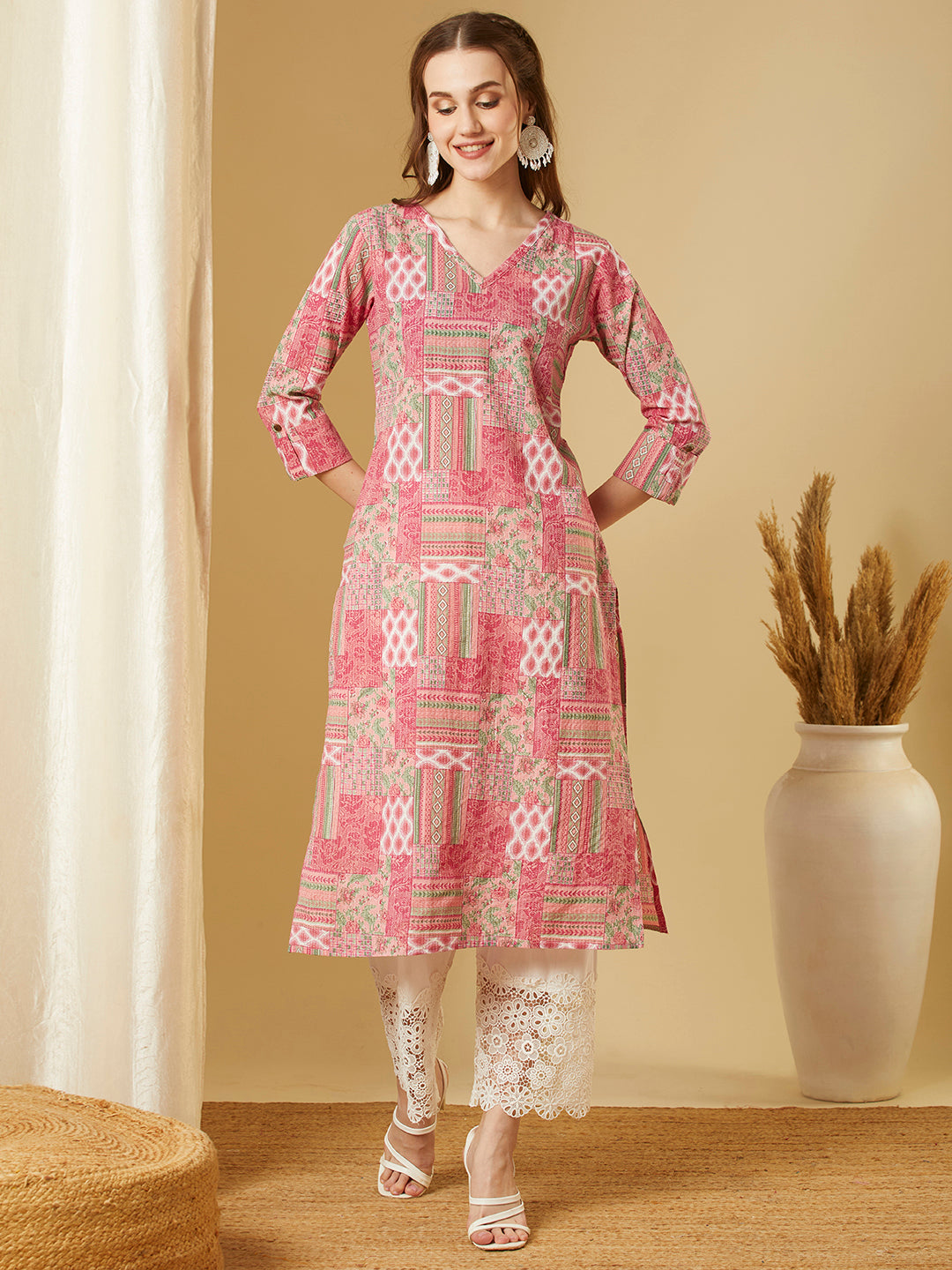 Ethnic Printed Straight Fit Kurta - Pink