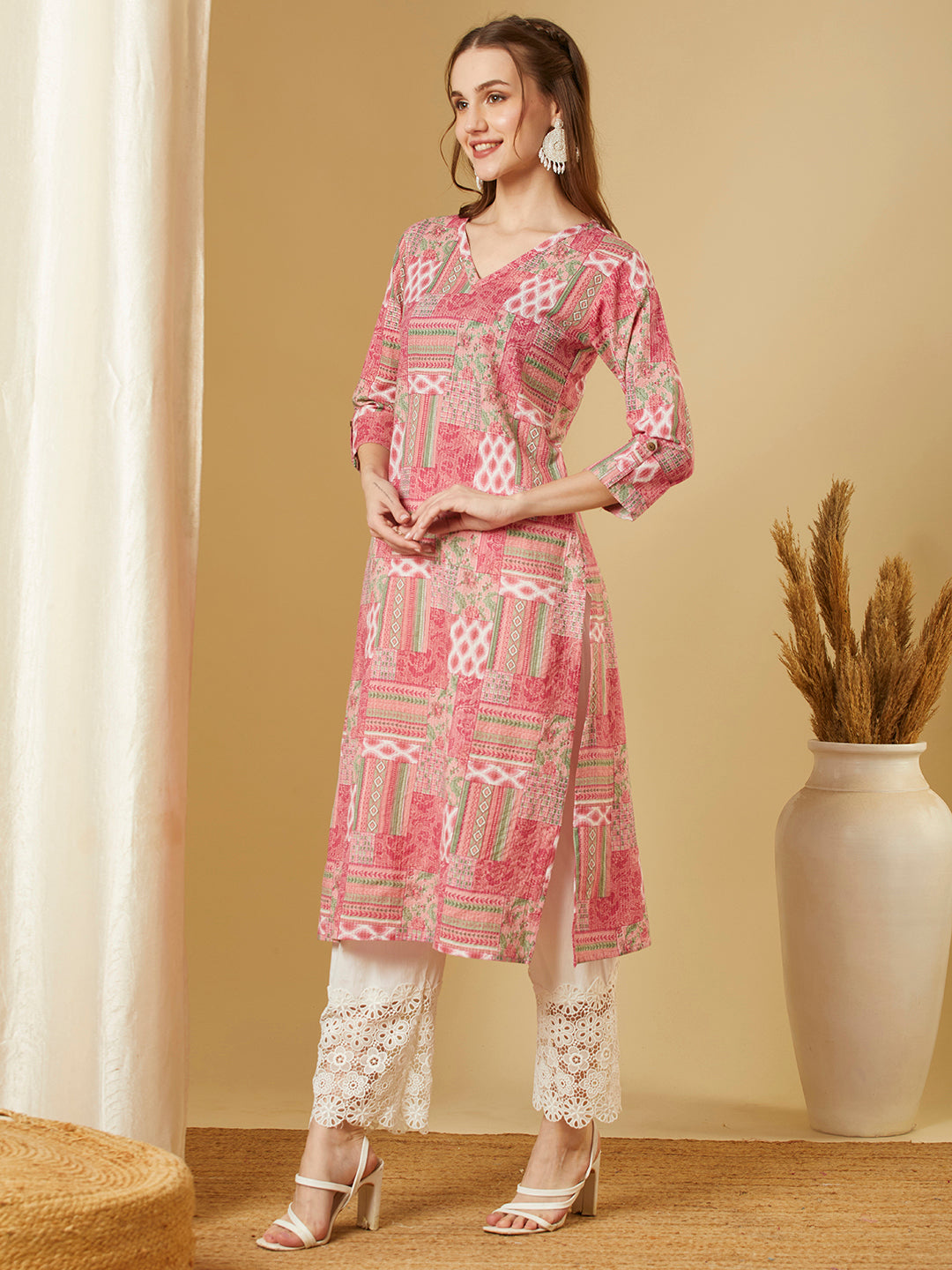 Ethnic Printed Straight Fit Kurta - Pink