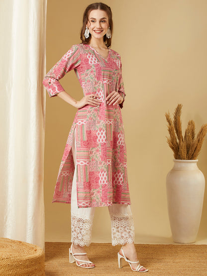 Ethnic Printed Straight Fit Kurta - Pink