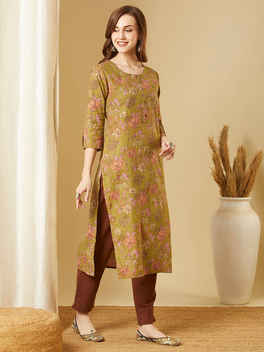 Ethnic Printed Straight Fit Kurta - Green