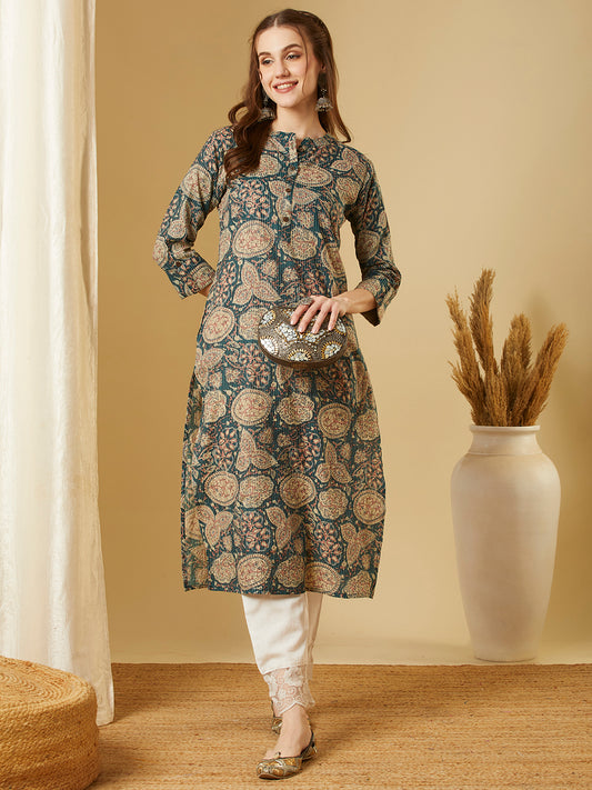 Ethnic Printed Straight Fit Kurta - Green